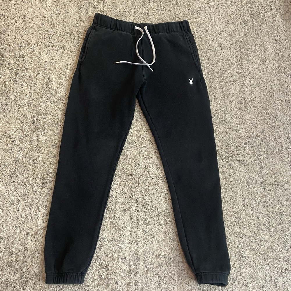 Playboy PacSun Sweatpants Mens Small Black Joggers Back Zip Pocket Relaxed Fit